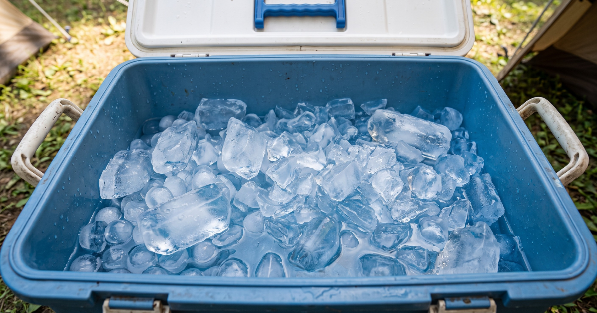 夏の釣りで氷が溶けたクーラーボックスの内部