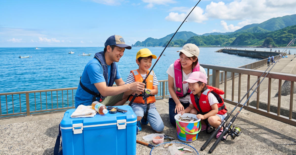 家族で夏の堤防釣りを楽しむ様子