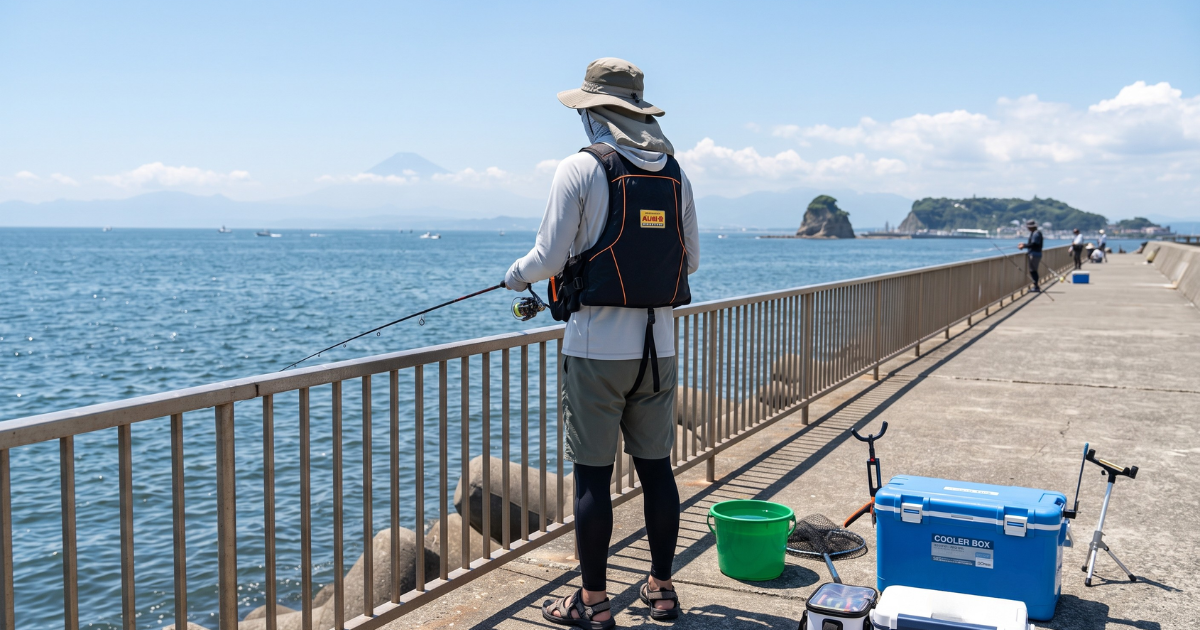 ライフジャケットと日焼け対策ウェアを着用して釣りをする様子